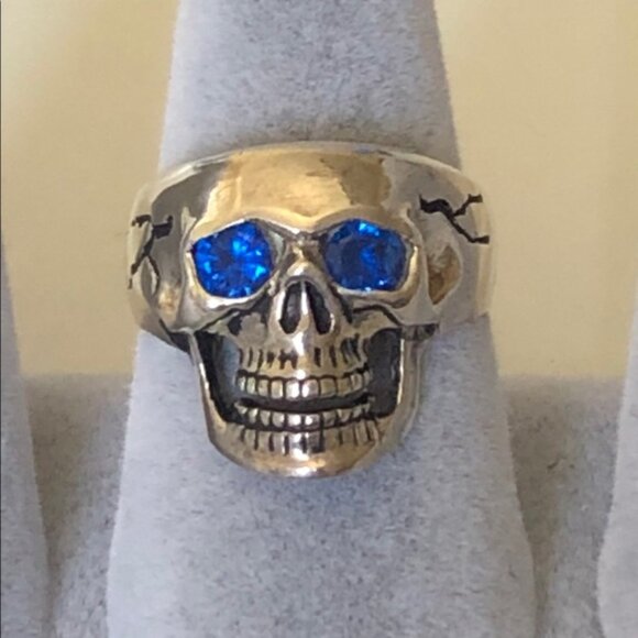 Other - 925 silver biker skull ring blue cz stones unisex
